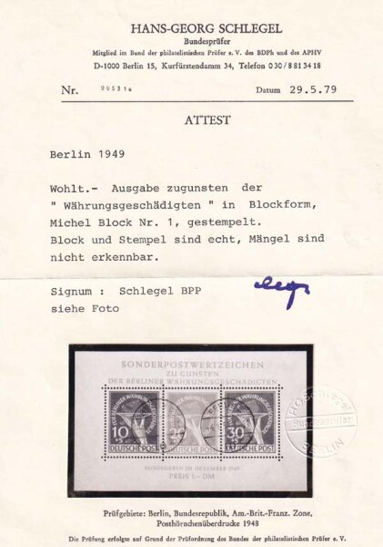 Berlin 1949 Block 1 - Tagesstempel Attest BPP