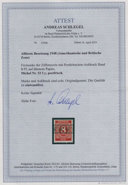 Bizone 1948 Mi.-Nr. 53 I y - postfrisch Abart "dünnes Papier" Attest BPP