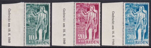 Baden 1949 Mi.-Nr. 50 Br u -  52 Br u - postfrisch Randstücke