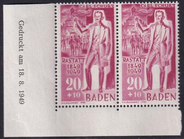 Baden 1949 Mi.-Nr. 51 Br + 51 II - postfrisch Eckrandstück