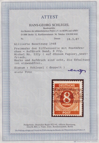 Bizone 1948 Mi.-Nr. 53 I y - postfrisch Attest BPP Abart "dünnes Papier"