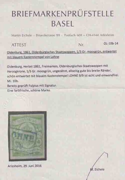 Oldenburg 1861 Mi.-Nr. 10 b FA Basler Prüfstelle - gestempelt