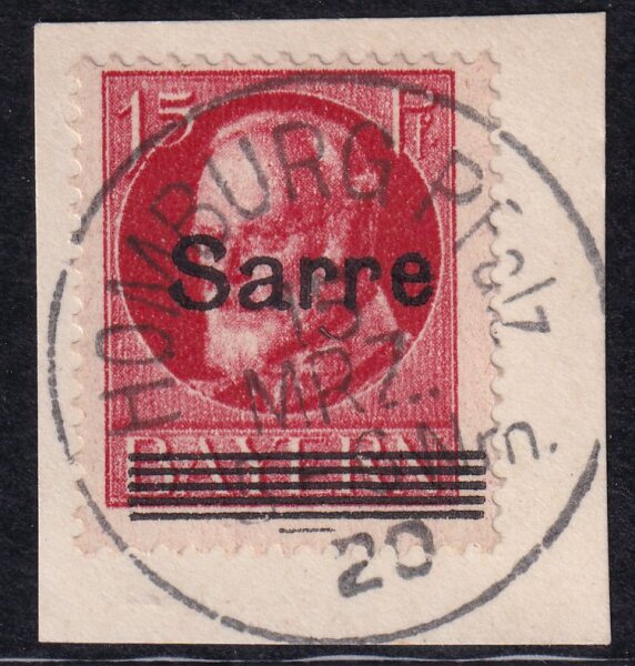 Kopie von Saargebiet 1920 Mi.-Nr. 20 c - gestempelt Briefstück geprüft