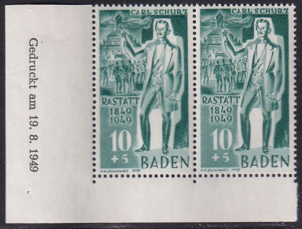 Baden 1949 Mi.-Nr. 50 Br + 50 II - postfrisch Eckrandstück