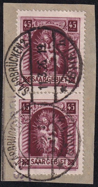 Saargebiet 1925 Mi.-Nr. 102 PAAR auf Briefstück - gestempelt